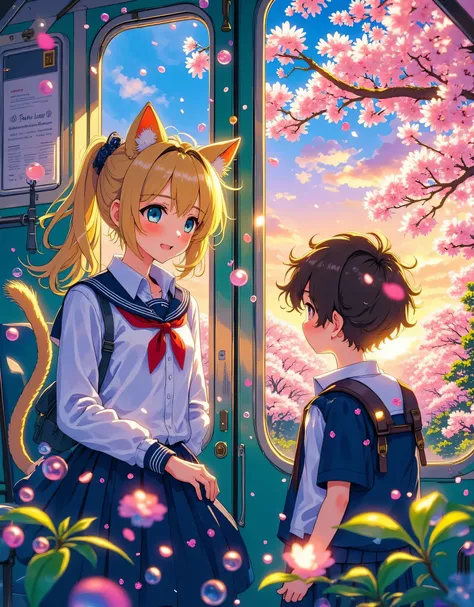 Capture the essence of a cat girl and a boy in the middle of a colorful bubble world, eksentrik, bermimpi,  pastel color palette , inspired by anime, energi Spirited Away, gaib, imaginatif, joyful, mempesona