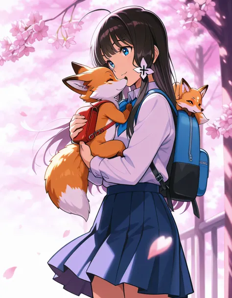 Illustrious, girl, high school uniform, manga cover, Cherry blossom,(Baby fox),(Carrying a baby fox in his backpack:1.5), masterpiece, Joy full, spring Kyoto background, anime style, Makoto shinkai art style, movie ambience,