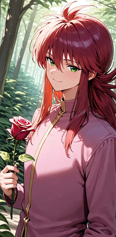 masterpiece,high resolution,best quality,8k,((best quality)), (masterpiece)), (details: 1.4), high resolution, (masterpiece: 1.4), 超details、
, 1 boy, krm_yyh, red hair, long hair, green eyes, upper body, solo, pink uniform, pink uniform, holding red rose...