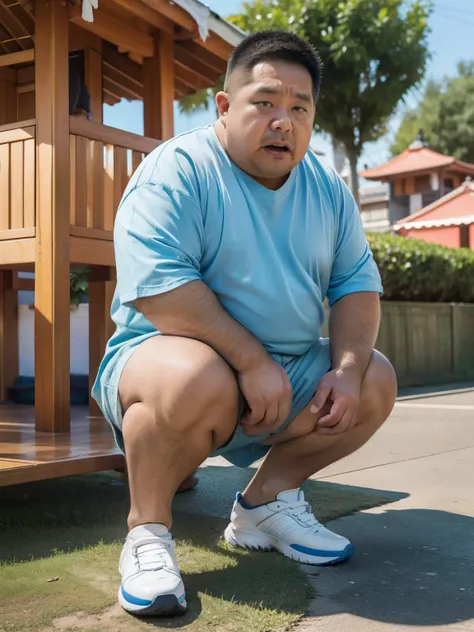 Thick Japan middle-aged man in his 50s, 1man, retarded, Human, Dwarfism, He wears a Light blue Hotpants, Bare thighs, ((peeing self, wetting self, pee stains,)), ((trembling, fear expression, scared, looking at viewer)), kindergarten background, It's a sun...