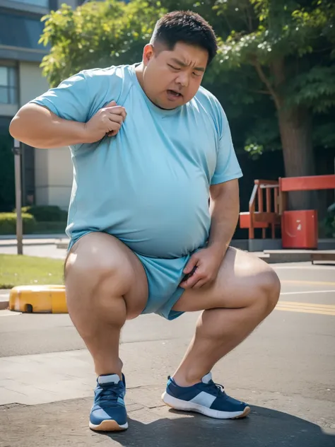 Thick Japan middle-aged man in his 50s, 1man, retarded, Human, Dwarfism, He wears a Light blue Hotpants, Bare thighs, ((peeing self, wetting self, pee stains,)), ((trembling, fear expression, scared, looking at viewer)), kindergarten background, It's a sun...