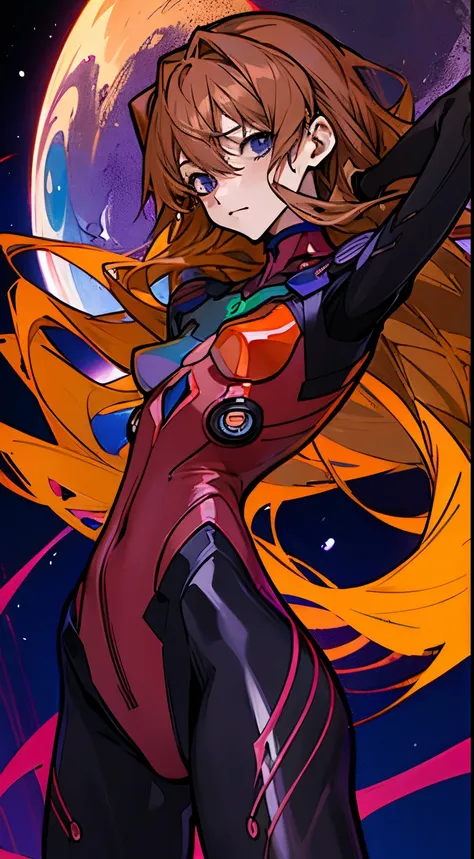 (high resolution), (In 8K), (very detailed), (best illustrations), (beautiful details), (best quality), (masseter muscle area), ( detailed face) Soryu Asuka Langley、 slender woman、((cool expression)) brown long hair、red bodysuit、blue eyes、Fluttering Hair、(...