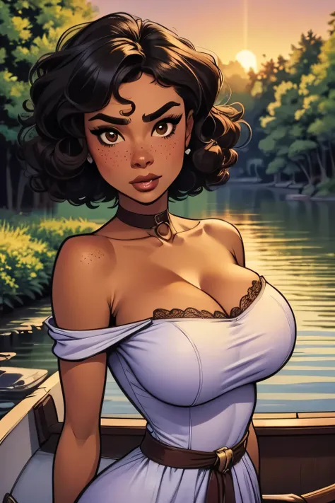 ( Absurdo, hd , Ultra detailed,  be careful with your hand ) Close-up view of a thin and athletic woman, 25 anos, 8k (( high definition )),  looking serious, look seductive, brown eyes, wearing a lilac high-waisted long dress (( with boat neckline, short s...