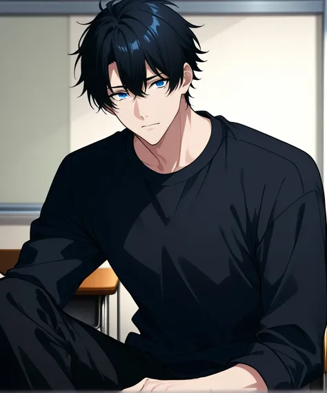 2次元character、dark black hair、short hair、blue eye、black shirt、black pants、facemain、イケメン、美形、modelBody、体格が良い、無表情、cool、background＝school room、school background、大人っぽい、Boy、student、man、学生服風