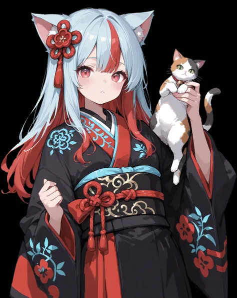 girl with cat ears。long red and black two-tone hair。traditional Japanese kimono。Light blue embroidery on a black background。