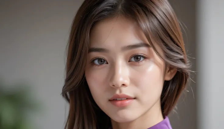 Image of a 27-year-old Vietnamese woman, wearing a traditional ao dai, Hue purple, this woman's face is round, with a wide forehead and straight hairline. Her eyebrows are quite thick and slightly curved. Her eyes are single-lidded, dark brown, looking str...