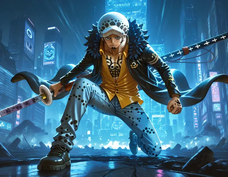 Trafalgar law, stylish sneaker, stylish jacket, cyebernatic world, epic wallpaper, cinematographyTrafalgar law, detailed portrait of man in stylish black jacket and sneakers, cyberpunk city futuristic neon landscape, dramatic cinematic lighting, intricate ...