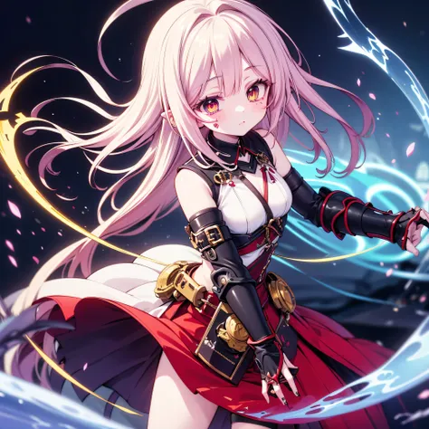 mysterious and savage Flügel girl, alpha hunter style, glowing tribal markings on body, long wild hair (black with red streaks), golden slit pupils with glowing runes in irises, jagged light wings like shattered crystal, sharp clawed gauntlets, shredded ba...