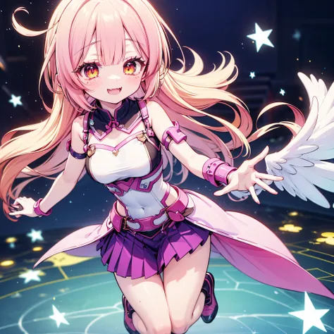 cheerful and energetic Flügel girl, inspired by Delta's puppy-like personality, long fluffy pastel hair (pink and white), bright glowing golden eyes, big geometric angel-like wings made of circuits, wagging tail, smiling with fangs showing, wearing a cute ...