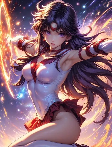 (alone:1 . 6 )(((SFW、Highest quality、 A first-class masterpiece 、 normal human body 、8k、 detailed face 、very accurate in the form of a plate、 real color 、5See also、Highest)))、Sailor Mars、Sailor Moon、((sailor warrior uniform:red sailor color , leotard sa...