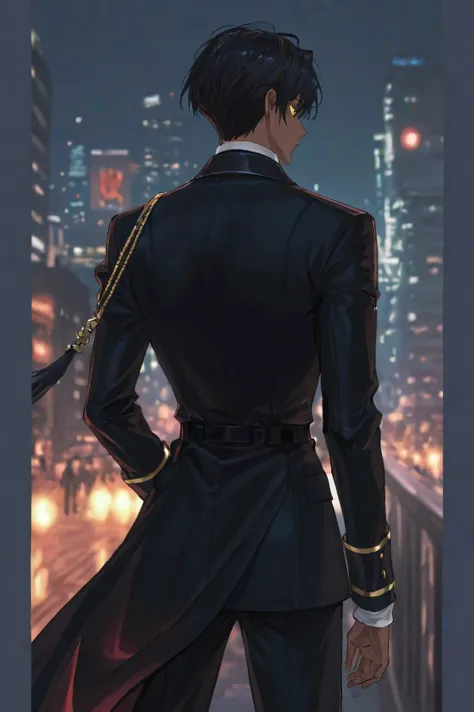 Man in elegant military elite suit and nobility in nighttime black, standing backwards, black hair with short hairstyle elegant American type, sexy man with shiny gold eyes, brown skin, with your hands inside your pockets, in the background there is a nig...