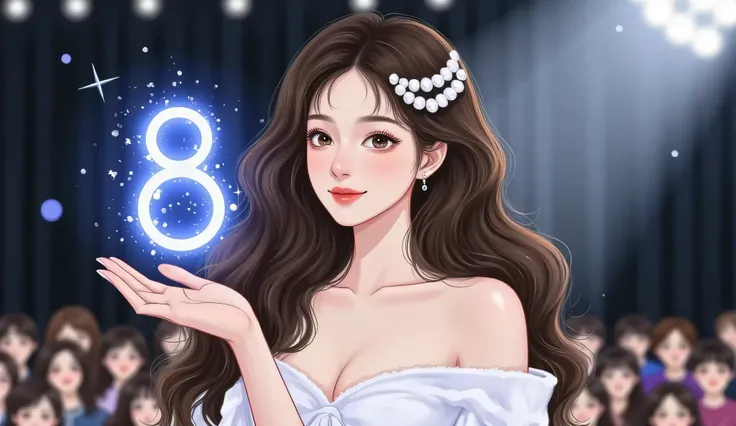 A graceful, semi-realistic manhwa-style woman standing confidently on a modern stage, under spotlight. She wears a sleek off-shoulder white gown with subtle shimmer. Her makeup is soft and natural: light blush, nude lips, gentle eyeliner. Floating holograp...