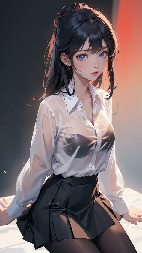 (masterpiece, best quality:1.2), 1 girl, alone , sexy , (black_H-line skirt),black skirt, (white_oxford_shirts:1.2),(office look female) ,cowboy shot, black hair ,hair bun, (office_background:1.3) , (pantyhose:1.2) , red Bra, (A red bra is reflected beh...