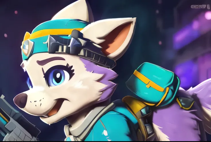 Everest, ((Paw Patrol)), ((female solo)), domestic dog, female, adult female, blue eyes, (((purple fur)), ((purple body)), (wearing Paw Patrol gear:1.25), (wearing Paw Patrol bagpack:1.45), (wearing a gun holster:1.95), (feral:2.25), (quadruped:2.25), ((we...