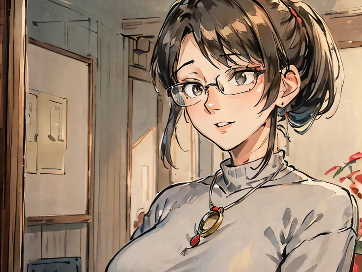 (Masterpiece: 1.2), Best quality, Aunt Cass Hamada from Big Hero 6, vermillion low-cut sweater, jeans, necklace, friendly expression, tall slender build, smaller breasts, grey hair in a ponytail, glasses, oil painting
