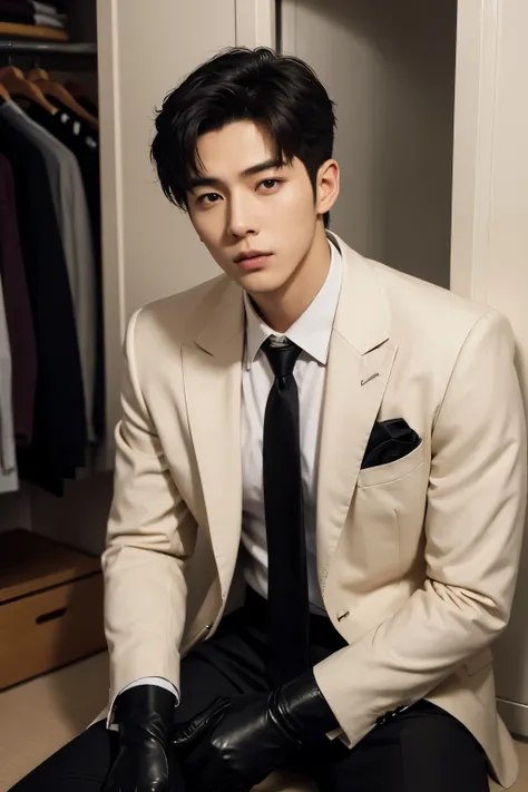 a slim muscular, Full body shot of a handsome K-pop male idol in Stripe suit and tie and leather gloves. lie down in closet. tempting.sexy.try to rape.realistic high quality .intricate detail face , ultra high res, uhd. Hyper-realism. a look of holding bac...