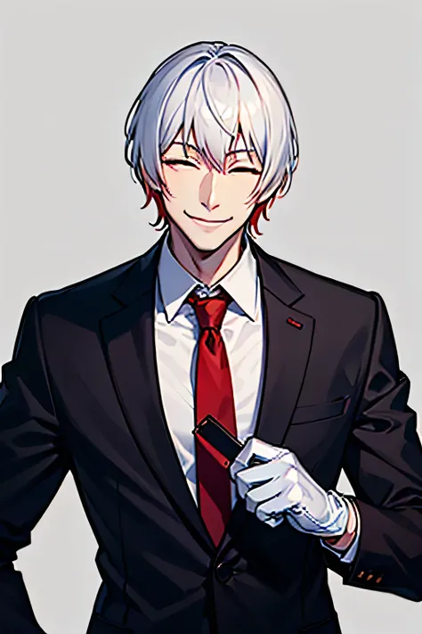 32 year old man, Indonesian, a government assassin,wearing a white shirt, wearing a black blazer, wearing a red tie, white hair with a hint of red, eyes closed, authoritative, smiling face, wearing white gloves, has a leadership aura, facing forward, half ...