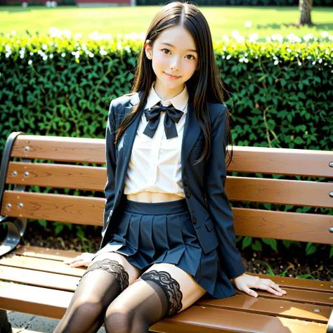 (white skin:1.0),((cute young girl with narrow shoulders:1.2)), slender ,short,(skinny:1.5),slender,symbol body,Young,score_7_ up,score_8_ up,score_9,realistic,Shooting from the ground,sitting on a park bench,uniform,small breasts,Japanese,has narrow shoul...