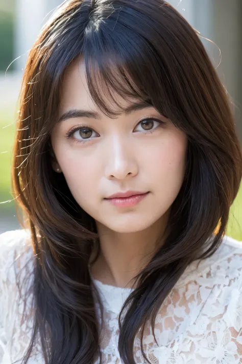 best quality, 8k, photo shoot, ( viewers display ), Photorealism, bust close-up, alone, Japan,wavy hair with a graceful expression, Wrinkles Around Her Eyes, highlight breasts, Big Breasts,30 years old, (Page Search:1.0), ( Manhattan lace blouse:1.0),Stan...