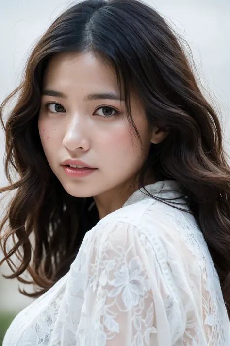 best quality, 8k, photo shoot, ( viewers display ), Photorealism, bust close-up, alone, Japan,wavy hair with a graceful expression, Wrinkles Around Her Eyes, highlight breasts, Big Breasts,30 years old, (Page Search:1.0), ( Manhattan lace blouse:1.0),Stan...