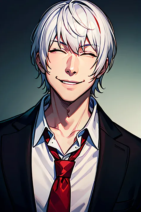 32 year old man, Indonesian, a government assassin,wearing a white shirt, wearing a black blazer, wearing a red tie, white hair with a hint of red, eyes closed, authoritative, smiling face, wearing white gloves, facing forward, half body, hd