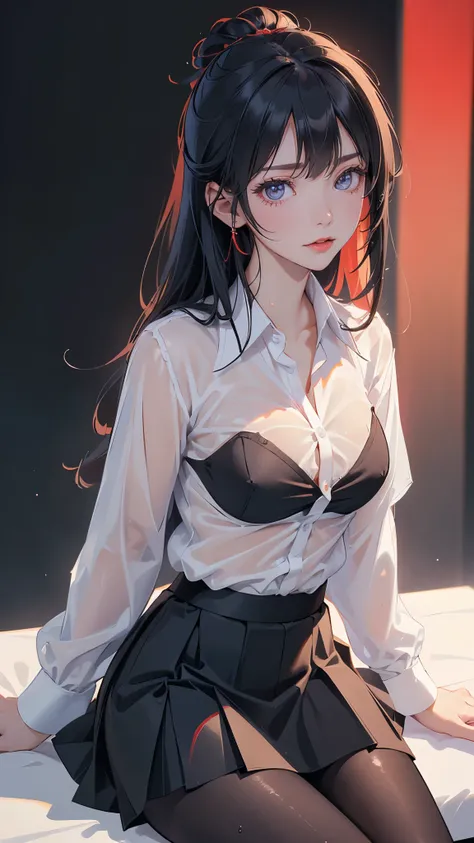 ( masterpiece, best quality:1.2), 1 girl, alone , sexy , ( black_H line skirt), black skirt, (white_Oxford _shirt:1.2),( office look female) ,cowboy shot, black hair ,Hair Bun, ( office_background:1.3) , (pantyhose:1.2) , Red is good, (A red bra is ref...