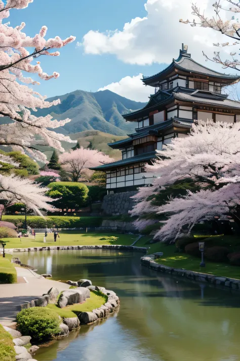 A landscape painting of a Japanese castle with a beautiful view of cherry blossoms