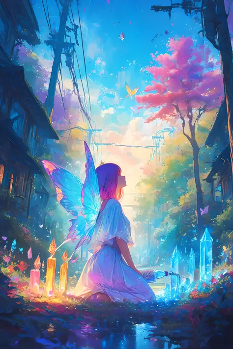 (masterpiece,best quality), Woman kneeling in the woods,wearing white cloack holding a bottle of clear crystal, colorfull digital fantasy art, Magical World ,colorful, magical power lines,beautiful butterfly, Shining with magic, fantasy digital painting,M...