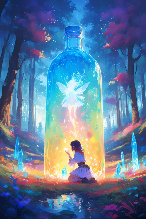 (masterpiece,best quality), Woman kneeling in the woods,wearing white cloack holding a bottle of clear crystal, colorfull digital fantasy art, Magical World ,colorful, Has magical powers, Shining with magic, fantasy digital painting,Magical Fairy Forest,8k...