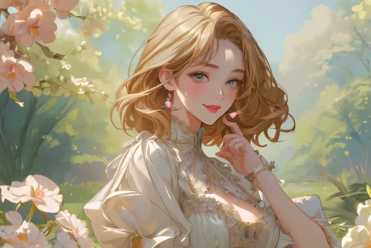 masterpiece、best quality、illustrations、 ultra details、high resolution、 8k、perfect dynamic composition,、beautifully detailed eyes、women's fashion summer、 medium hair、Natural Colored Lips、smile、cute