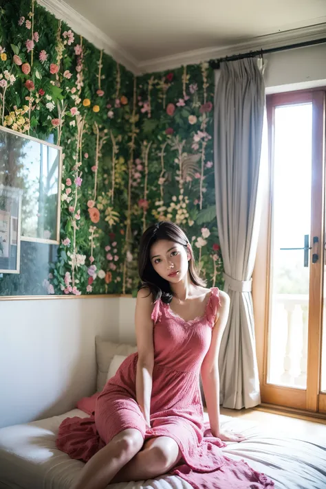realistic pictures, beautiful woman in silya room. ,Flower Garden