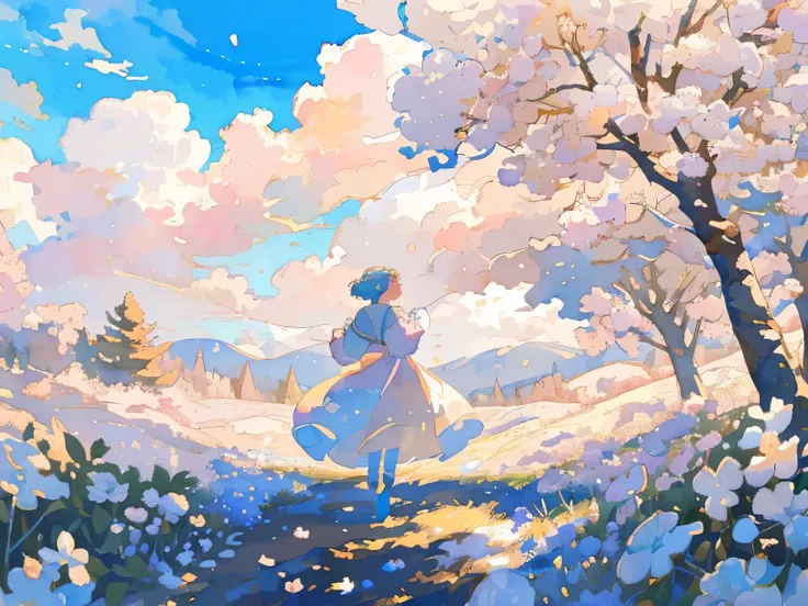 점수_9, 점수_8_위로, 점수_7_위로,  Watercolor, A watercolor illustration of a peaceful forest scene, gazing up at the bright blue sky filled with fluffy white clouds, The scene has a dreamy, fairy tale atmosphere, with soft pastel colors, gentle lighting, and a stor...