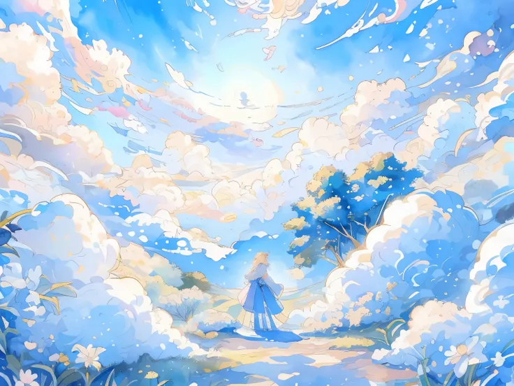 점수_9, 점수_8_위로, 점수_7_위로,  Watercolor, A watercolor illustration of a peaceful forest scene, gazing up at the bright blue sky filled with fluffy white clouds, The scene has a dreamy, fairy tale atmosphere, with soft pastel colors, gentle lighting, and a stor...