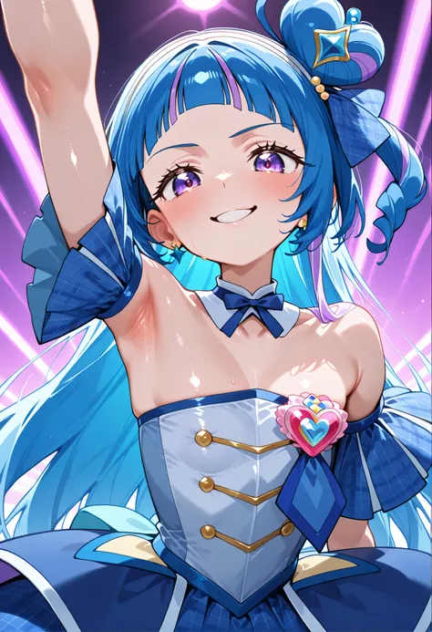 、 Look Down、from below、 break、Cure Wink、cure winks 、Idol Kimi and Idol Pretty Cure Blue Hair、Magical Girl、 mini crowns、purple eyes, blue dress ,slanted hat,very long hair,Dull bangs,bare shoulder,headband,,,nsfw,evil smile、shiny skin NSFW,lewd,最高品質,非常に詳細な...