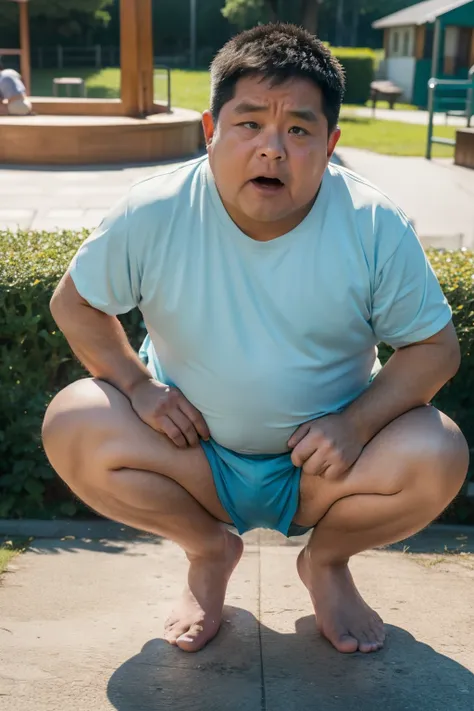 Thick Japan middle-aged man in his 50s, 1man, retarded, Dwarfism, He wears a light blue shorts, Bare Thighs, Pampers, shirtsless, ((peeing self, wetting self, pee stains,)), ((trembling, fear expression, scared, looking at viewer)), kindergarten background...