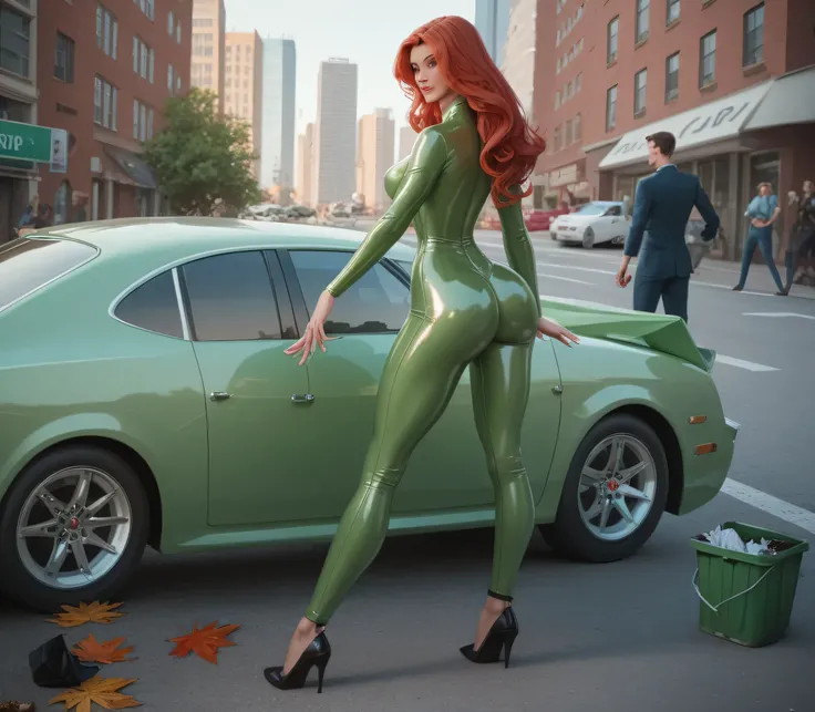 Jean Grey, White Woman , Tall , Tall woman, long Legs, Shiny skin, shiny hair ,Green Body suit , Black high heels , Red Hair , long Hair , green ayes , sunny day, city, Big  , Big ass , Small Waist , levitate , jean is using her Telekineses to levitate all...