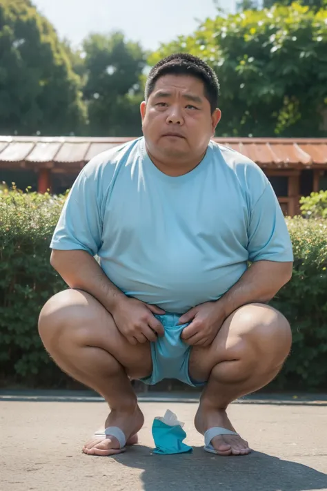 Thick Japan middle-aged man in his 50s, 1man, retarded, Dwarfism, He wears a light blue shorts, Bare Thighs, Pampers, shirtsless, ((peeing self, wetting self, pee stains,)), ((trembling, fear expression, scared, looking at viewer)), kindergarten background...