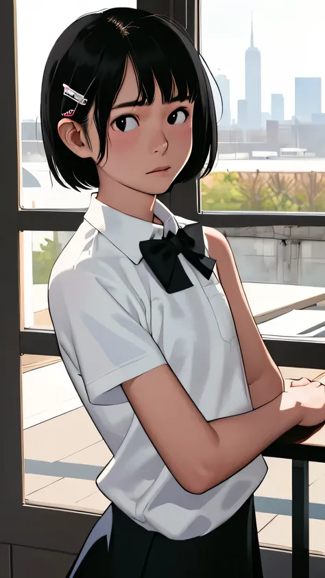 (1 girl, alone, Japanese Girls), Black Hair, short hair, Hair Clip, Shiny skin, Flat Chest, front view, facing forward , viewers, (Middle school, White collared shirt, bow tie, school skirt, white sox), thunder head, highest quality, Tabletop, 8k, High...
