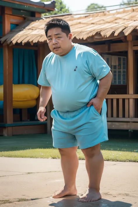Thick Japan middle-aged man in his 50s, 1man, retarded, Dwarfism, He wears a light blue shorts, Bare Thighs, Pampers, shirtsless, ((peeing self, wetting self, pee stains,)), ((trembling, fear expression, scared, looking at viewer)), kindergarten background...