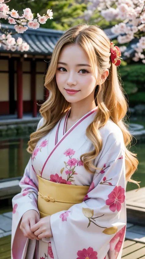High Quality Realistic Portraits, beautiful young woman, Wearing a kimono, Blonde wavy hairstyle, Smile with an elegant expression, stand in front of a traditional Japanese garden in Kyoto, Surrounded by blooming cherry blossoms, 4K resolution for hard hai...