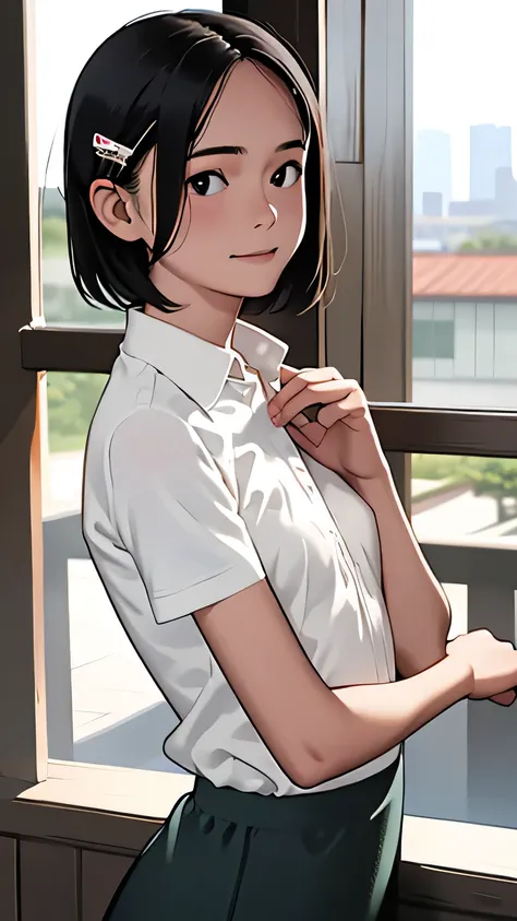 nsfw:1.0 , (1 girl, alone, Japanese Girls), Black Hair, short hair, Hair Clip, Shiny skin, Flat Chest, front view, facing forward , viewers, A slight smile, remove only one button on the shirt, The shirt opens slightly, the bra is slightly visible from th...