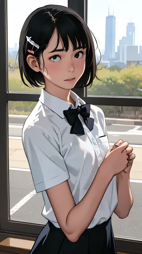 (1 girl, alone, Japanese Girls), Black Hair, short hair, Hair Clip, Shiny skin, Flat Chest, front view, facing forward , viewers, (Middle school, White collared shirt, bow tie, school skirt, white sox), thunder head, highest quality, Tabletop, 8k, High...