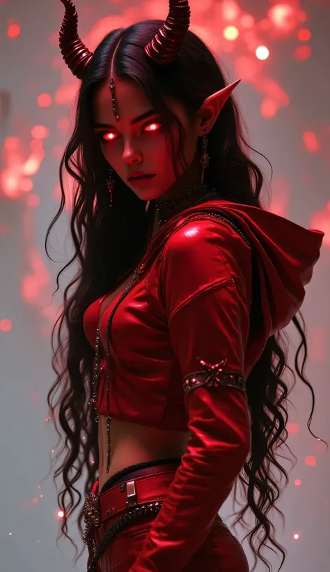 A hyper-realistic side profile portrait of an extremely beautiful female demon with red skin. She has striking, seductive features, long black hair flowing elegantly, and small dark horns on her forehead. Her eyes are glowing faintly with a supernatural li...