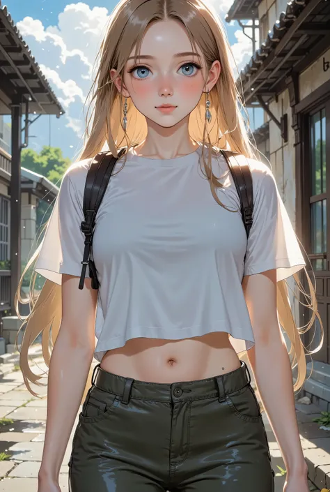 masterpiece、best quality、high image quality、very aesthetic、newest、One person、long blonde hair、white skin、 model style with long hair、brown eyes、steam、Heavy Rain、soaking、See-through T-shirt、belly button out、cargo pants、shoulder backpack、University campus