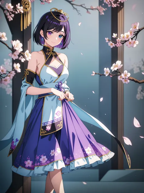 (high-quality, breathtaking),(expressive eyes, perfect face) 1female, girl , solo, ager, asian woman hairstyle, short hair length, soft wave, black hair color, Heterochromia left eye blue and right eye purple, white and black dress, shawl, blue and purple ...