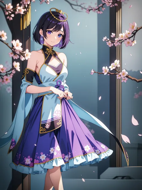 (high-quality, breathtaking),(expressive eyes, perfect face) 1female, girl , solo, ager, asian woman hairstyle, short hair length, soft wave, black hair color, Heterochromia left eye blue and right eye purple, white and black dress, shawl, blue and purple ...