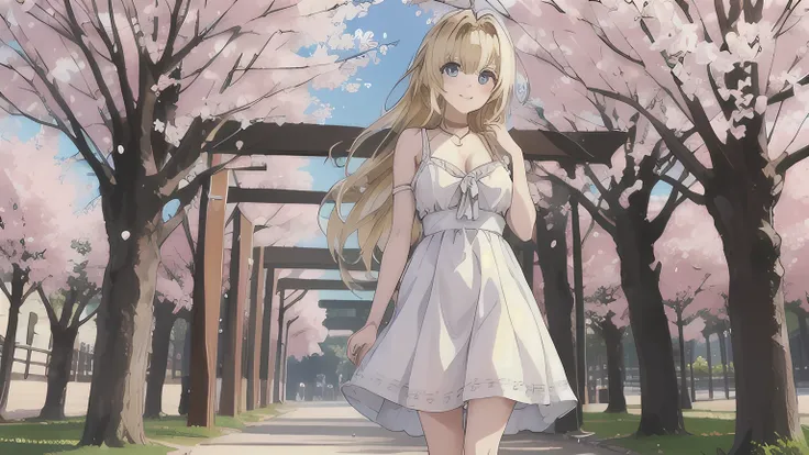 (masterpiece), (ultra quality), 1girl, solo, (cute girl), ((18years old girl)), (golden blonde hair:1.5), (long hair), bang, (blue eyes), (medium large breasts:1.2), fair skin, wearing white sundress with black string tie flowing to her knee, modest neckli...