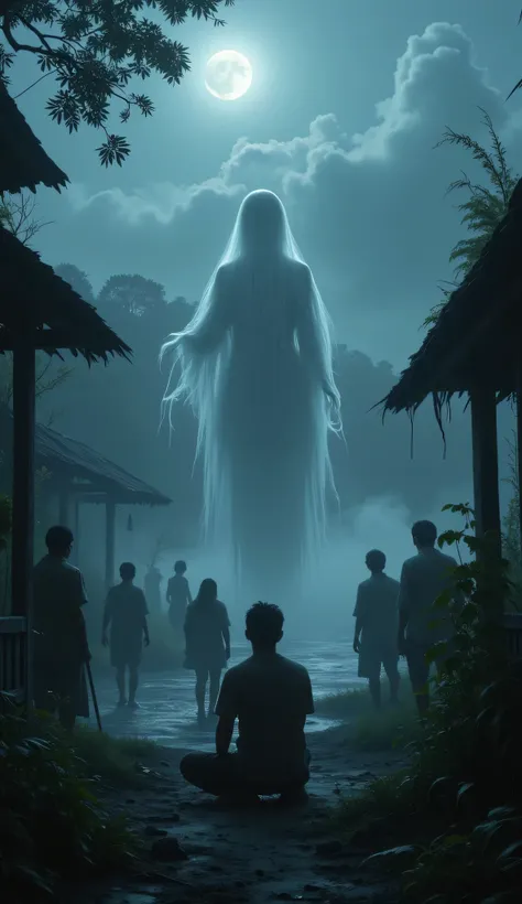 (best quality, 4k, high resolution,), super detailed, Set in the countryside of Vietnam, in ancient times, there was a female ghost as vague as mist floating without legs, long hair, standing among a group of terrified villagers. Beside her was a middle-ag...