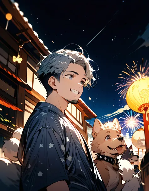 from below,looking away:1.3,((((with small dog of Pomeranian)))),man,40years old,(The face of an old man with dignity),man's eyes,man's nose,man's mouth,grin,(short spiked hair),forehead,sidecut,undercut,beard,gray japanese men's yukata,nice legs,night sta...