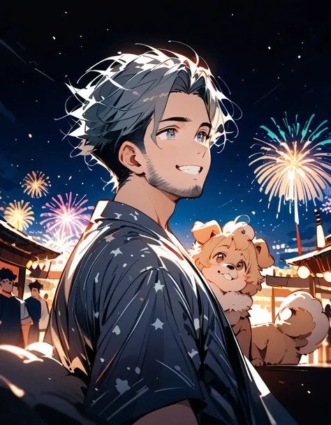 front view,.looking away:1.3,((((with small dog of Pomeranian)))),man,40years old,(The face of an old man with dignity),man's eyes,man's nose,man's mouth,grin,(short spiked hair),forehead,sidecut,undercut,beard,gray japanese men's yukata,night starry sky, ...